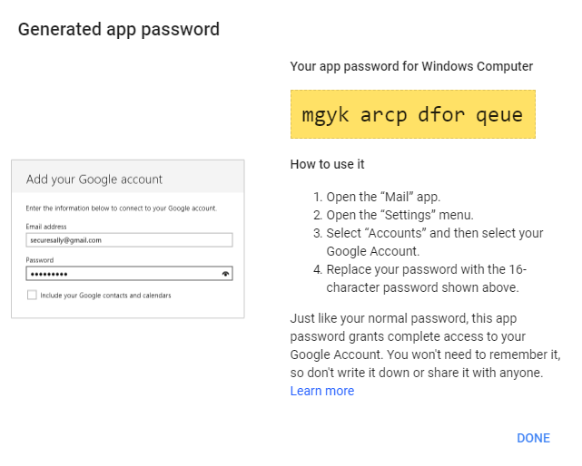 Код вместо пароля на почтовый ящик Gmail без двухэтапной аутентификации