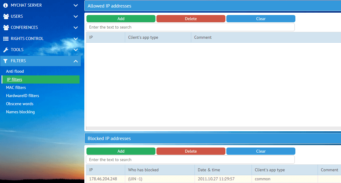 MyChat filters for IP/MAC addreses