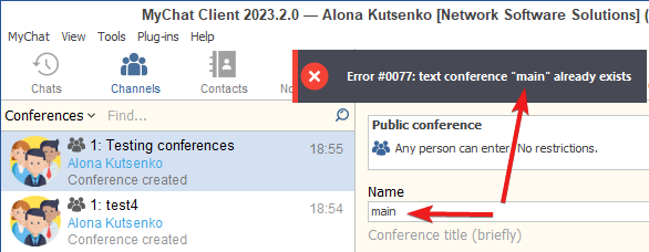 Error when naming a conference in MyChat