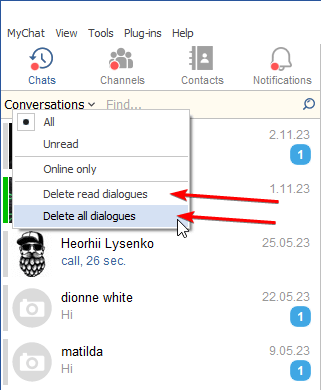 Удаление диалогов в MyChat