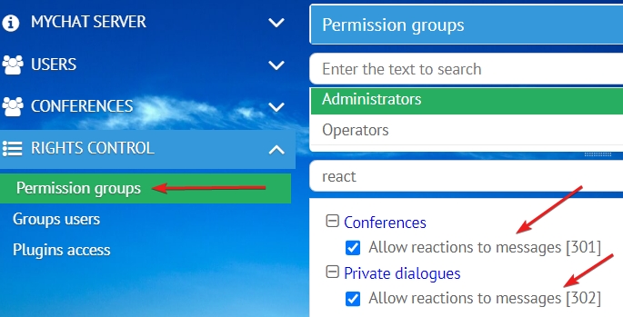 Group of rights to allow sending reactions to messages in MyChat
