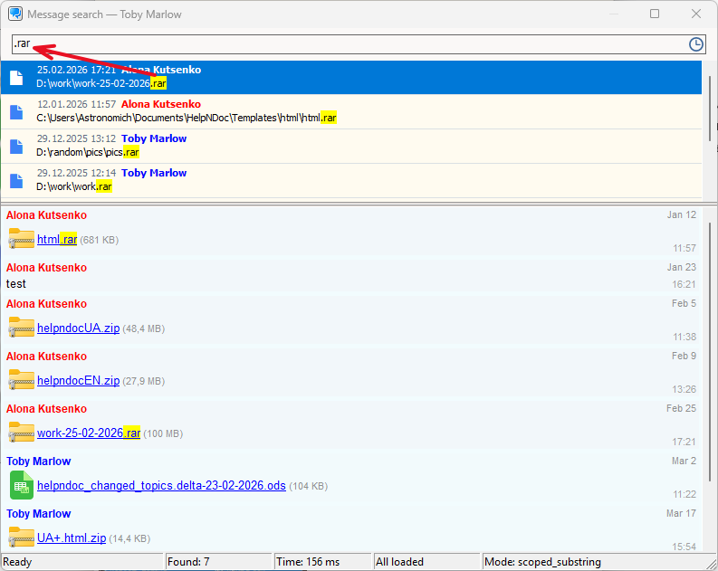 Private message history search in MyChat, highlighted results