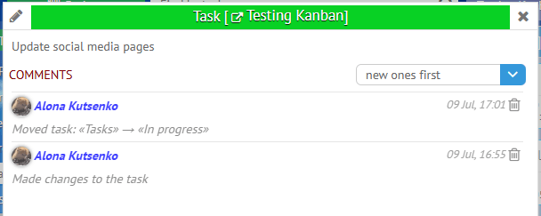 Updating the Kanban project management system with automatic comments on task actions