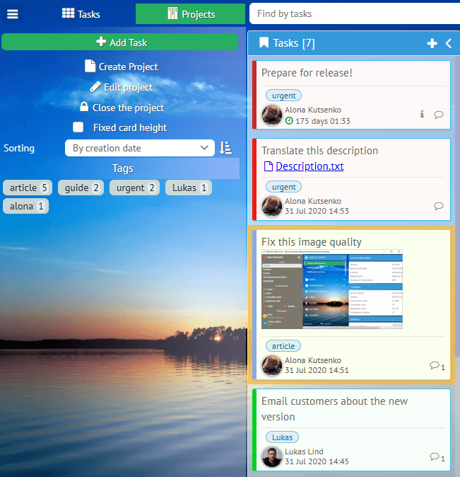 Kanban project management system update, sorting, tags, avatars