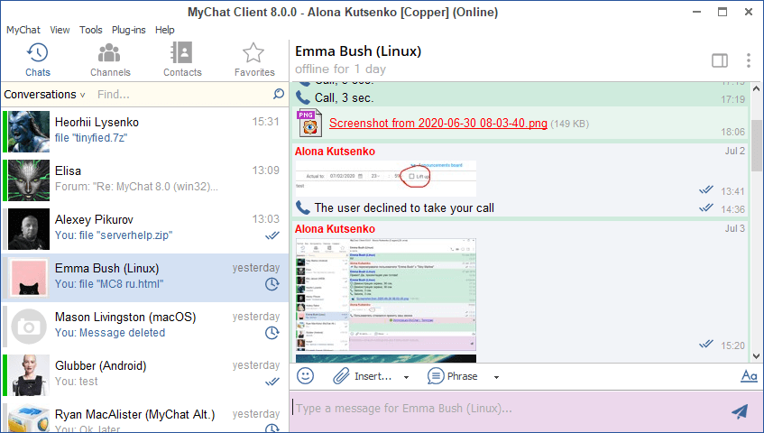 Messages in the chat MyChat Client 8.0