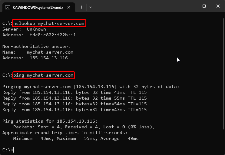 Проверка доступности DNS сервера в консоли Windows