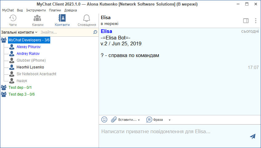 Вікно з ботом Elisa