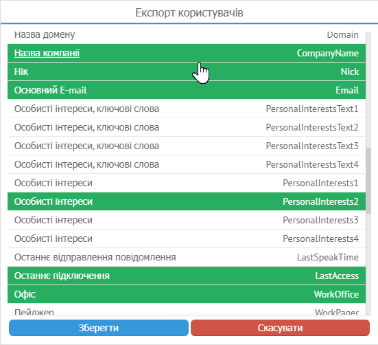 Експорт вибраних полів користувачів MyChat у CSV-файл