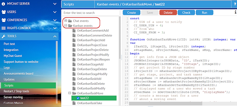 Script events on MyChat Server