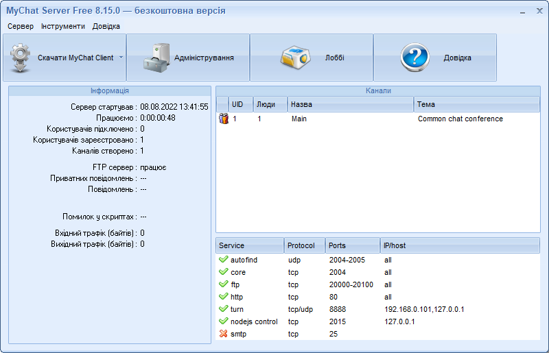 Інтерфейс програми MyChat Server