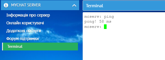 Термінал MyChat Server для введення текстових консольних команд